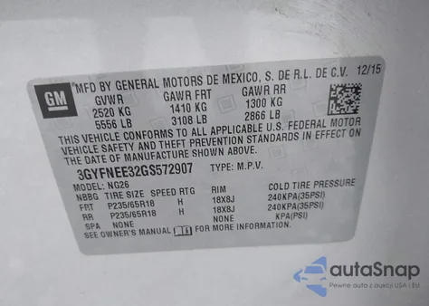 2016 Cadillac Srx Luxury Collection z USA, uszkodzony, nr VIN 3GYFNEE32GS572907